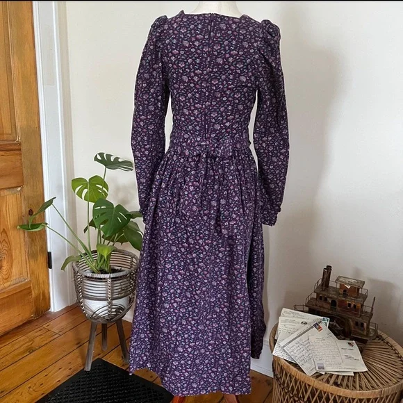 Vintage 80s Laura Ashley Prairie Needlecord Cottagecore Puff Shoulder Dress - Picture 5 of 11